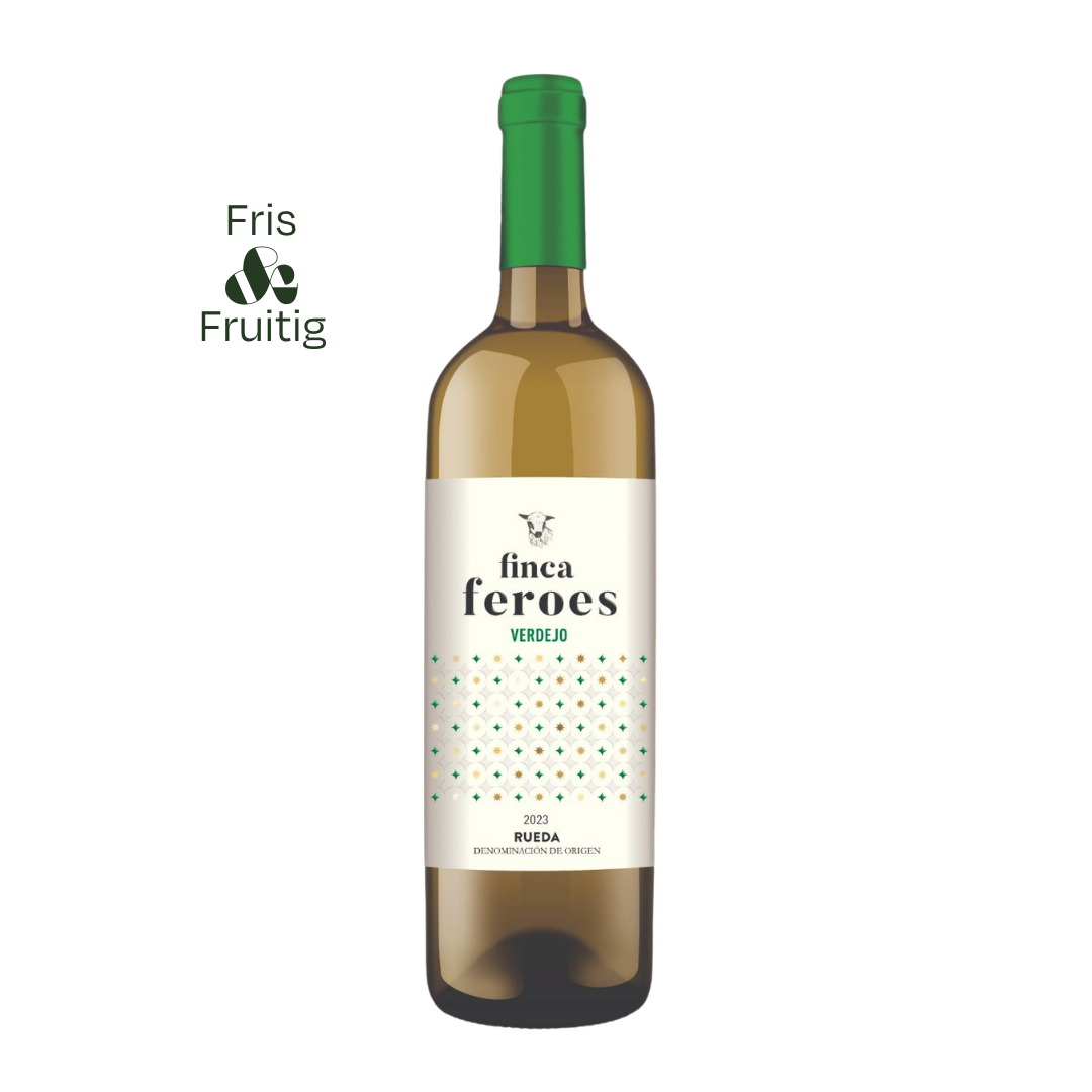 Fles Finca Feroes Verdejo met frisse, lichte Spaanse witte wijn; helder, citrusgedreven en toegankelijk