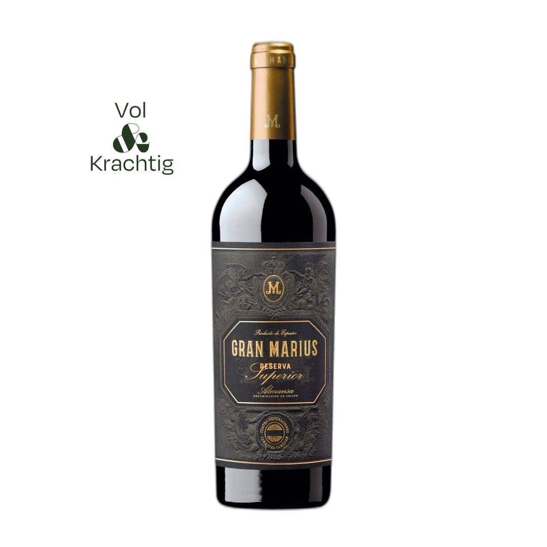 Gran Marius Reserva Superior Almansa, krachtige Spaanse rode wijn met diepe robijnrode kleur, Garnacha Tintorera en Monastrell