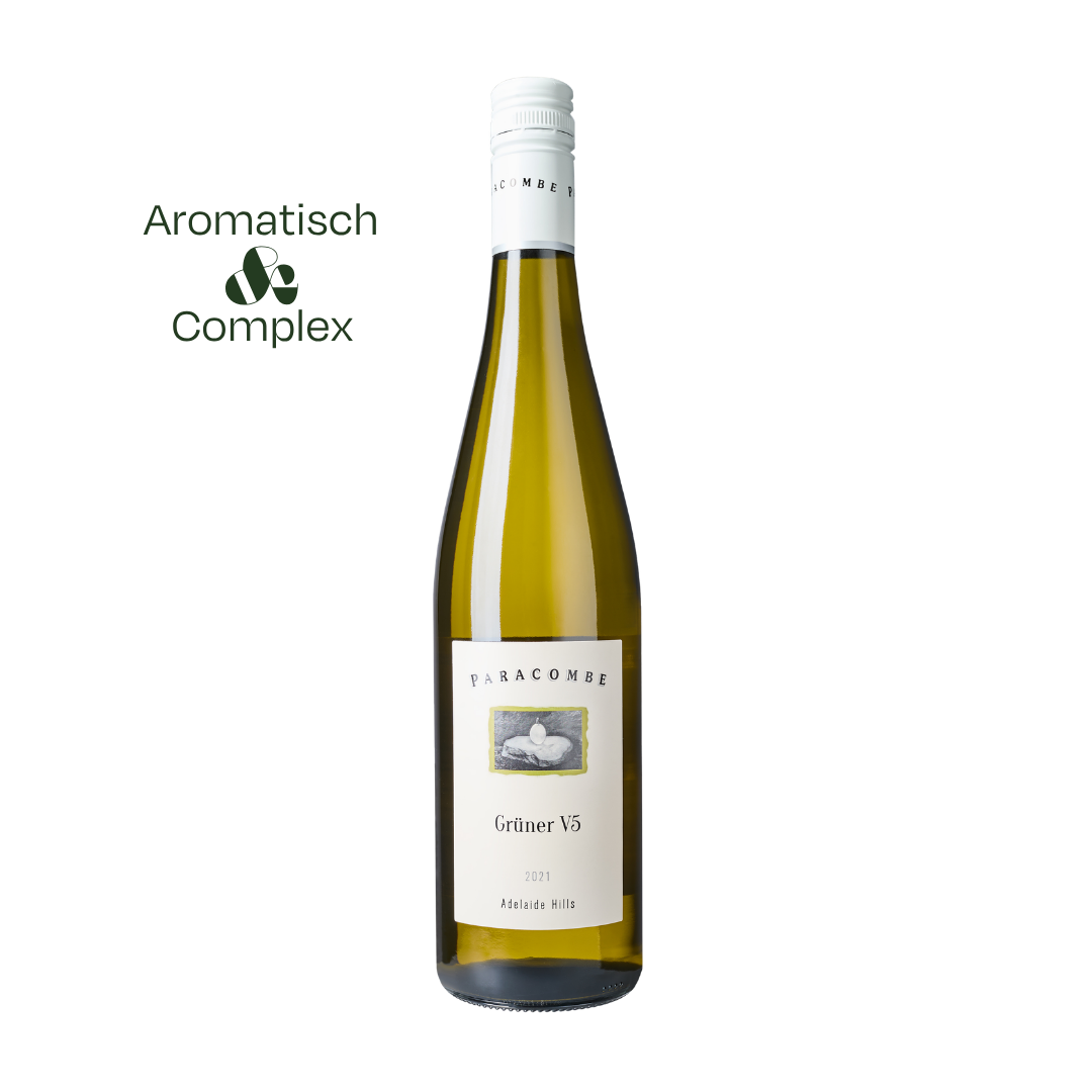 Fles Paracombe Grüner V5 uit Adelaide Hills – elegante Australische witte wijn met frisse citrus- en kruidenaroma’s.
