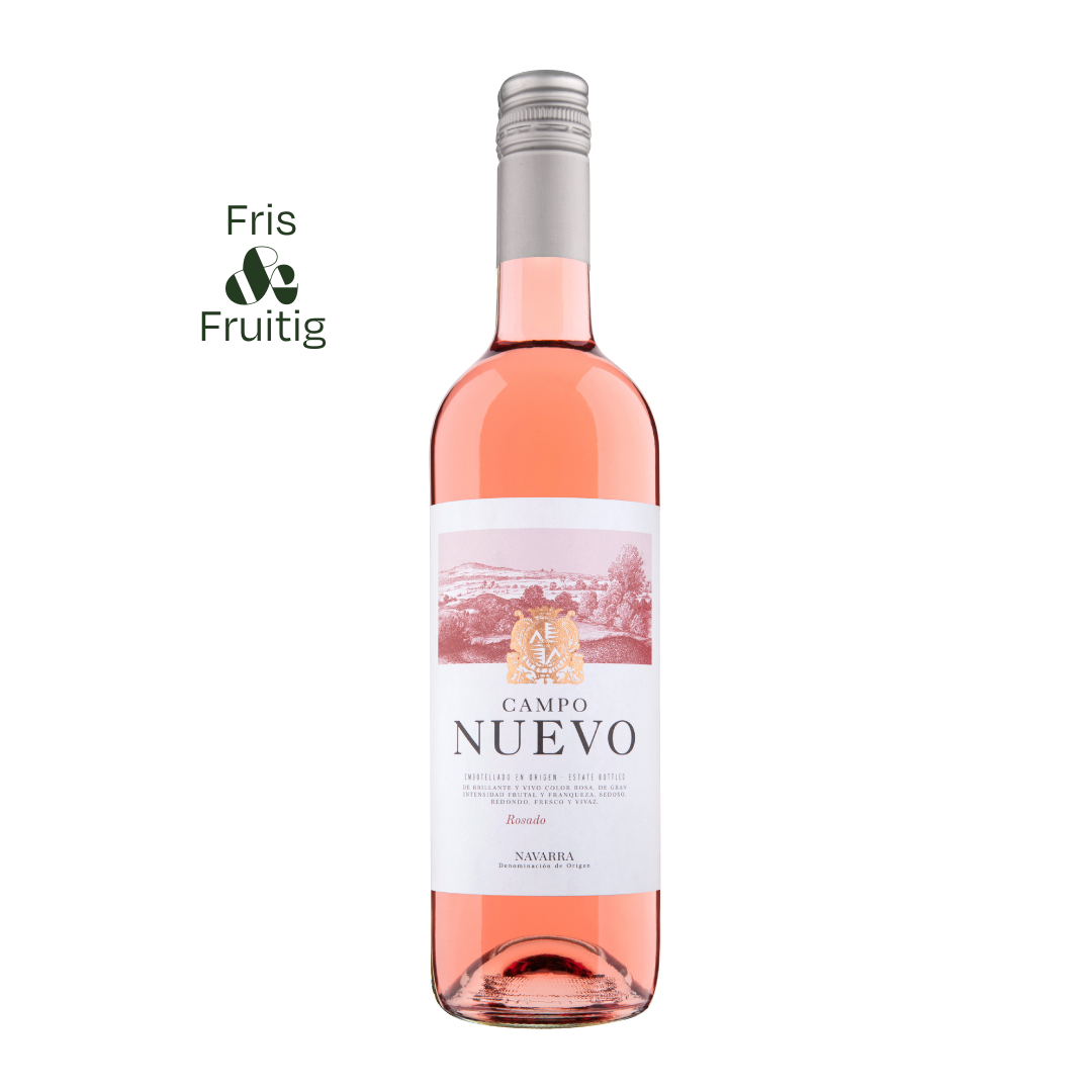 Fles Campo Nuevo Rosado met frisse, fruitige Spaanse rosé; tonen van rood fruit en een lichte, zomerse uitstraling