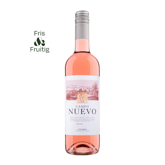 Fles Campo Nuevo Rosado met frisse, fruitige Spaanse rosé; tonen van rood fruit en een lichte, zomerse uitstraling