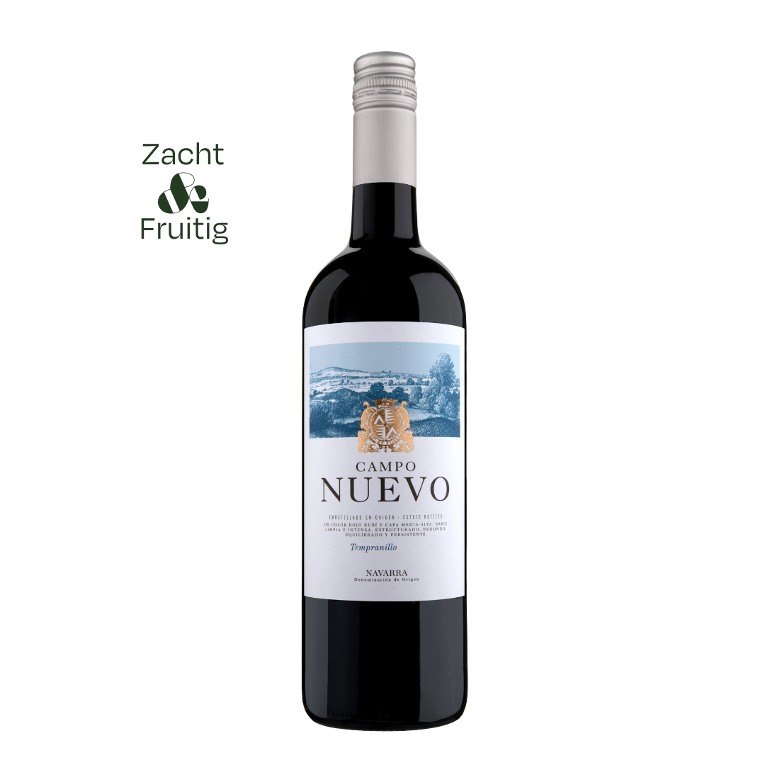 Campo Nuevo Tempranillo met volle, zachte Spaanse rode wijn; tonen van rood fruit en een warme, soepele uitstraling