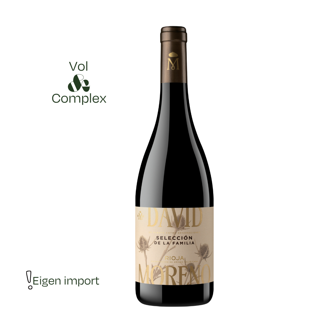 Fles David Moreno Selección de la Familia 2022 – elegante Rioja Crianza met rijp rood fruit, subtiele houttonen en een klassieke, warme stijl uit Badarán.