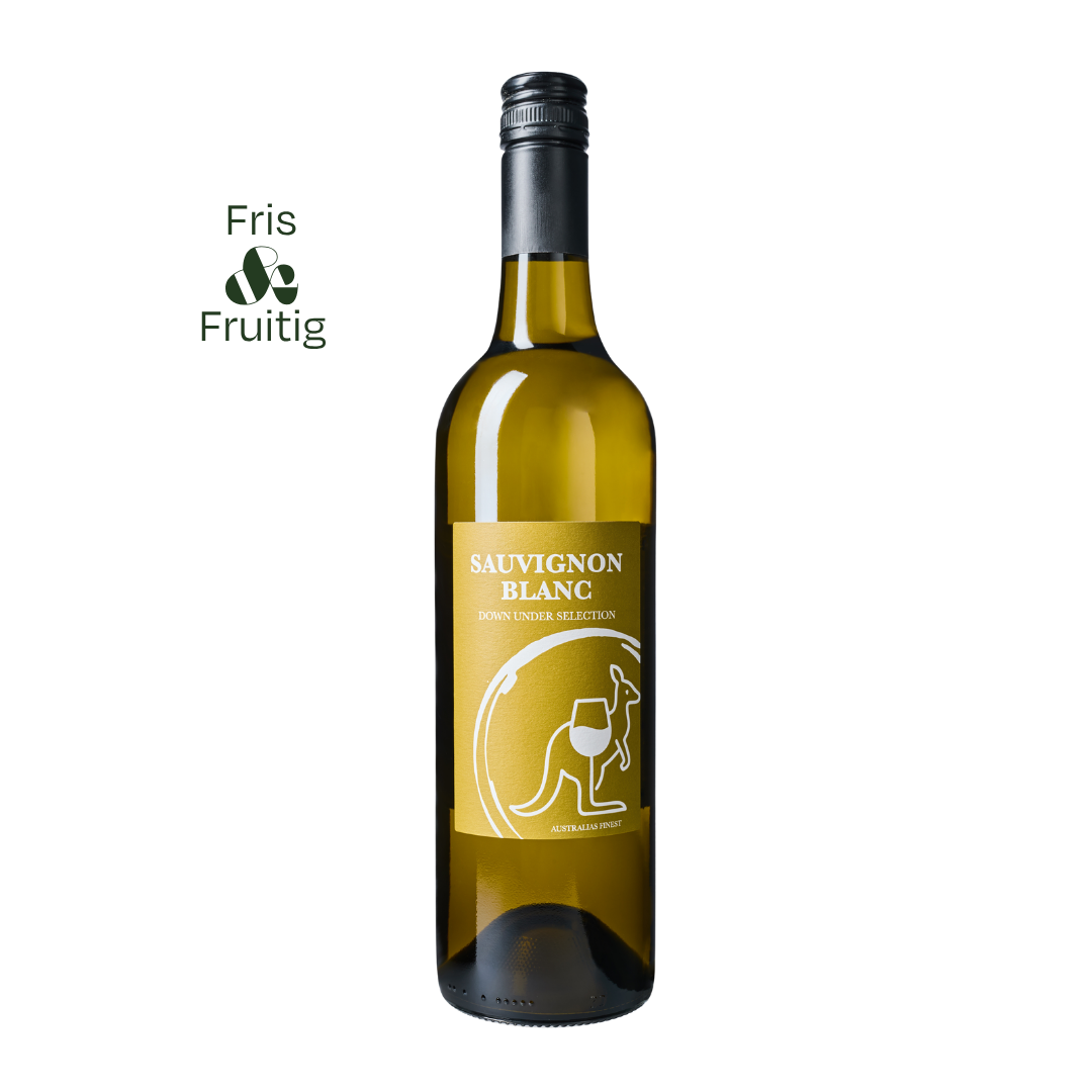 Fles Down Under Selection Sauvignon Blanc – frisse Australische witte wijn met citrus en tropisch fruit.
