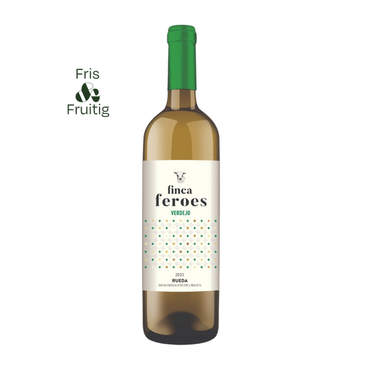 Fles Finca Feroes Verdejo met frisse, lichte Spaanse witte wijn; helder, citrusgedreven en toegankelijk
