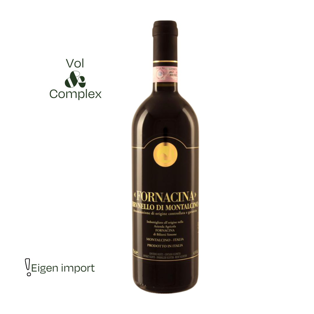 Fornacina Brunello di Montalcino 2021, een elegante, klassieke Brunello met kersen, kruiden en lange afdronk. Ambachtelijk gemaakt door familiebedrijf Fornacina.