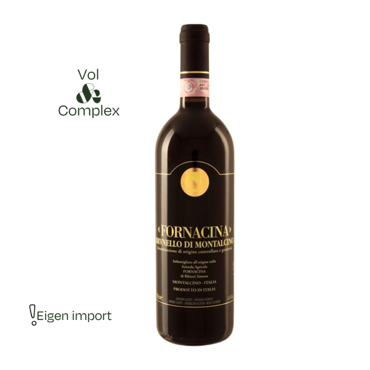 Fornacina Brunello di Montalcino 2021, een elegante, klassieke Brunello met kersen, kruiden en lange afdronk. Ambachtelijk gemaakt door familiebedrijf Fornacina.