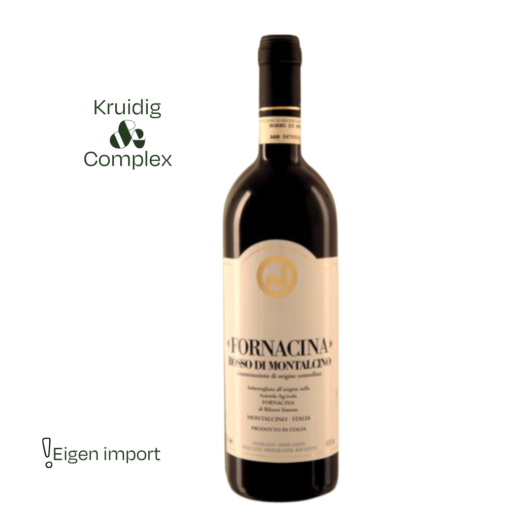 Fornacina Rosso di Montalcino 2024, een frisse, elegante Sangiovese met kersen, kruiden en soepele tannines. Traditioneel gemaakt door familiebedrijf Fornacina.