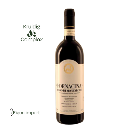 Fornacina Rosso di Montalcino 2024, een frisse, elegante Sangiovese met kersen, kruiden en soepele tannines. Traditioneel gemaakt door familiebedrijf Fornacina.