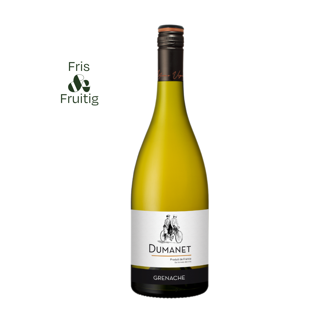 Grenache Blanc Pays d’Oc ‘Dumanet’, frisse Zuid‑Franse witte wijn met aroma’s van perzik, citrus en lichte kruidigheid.