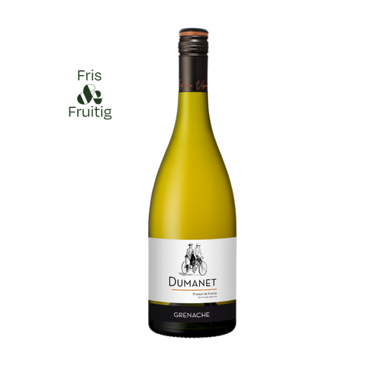 Grenache Blanc Pays d’Oc ‘Dumanet’, frisse Zuid‑Franse witte wijn met aroma’s van perzik, citrus en lichte kruidigheid.