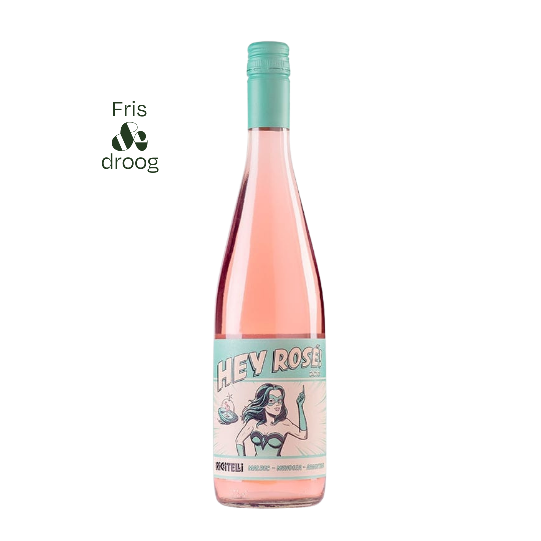 Hey Rosé Malbec van Riccitelli, een frisse, elegante rosé uit Mendoza met rood fruit, citrus en levendige zuren. Perfect voor zomerse gerechten en borrelmomenten