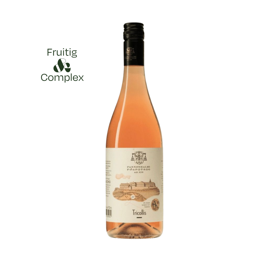 Fles Tricollis Rosé uit Pannonhalma; elegante Hongaarse rosé met aroma’s van aardbei, framboos en frisse citrus